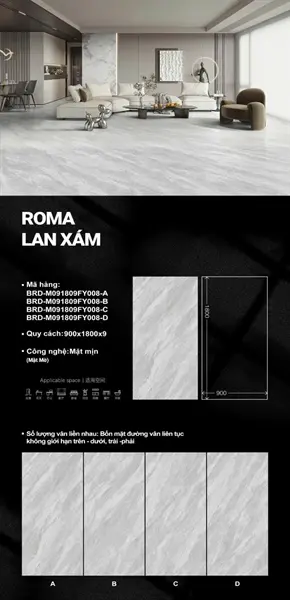 90180 Roma Lan xám – Gạch Nhập Khẩu Ấn Độ – 90x180